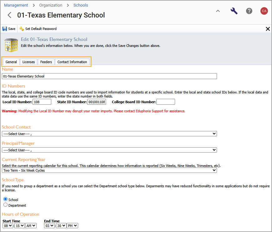 Editing a school's information on the General tab, while highlighting the Licenses, Feeders, and Contact Information tabs.